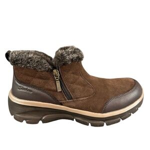 Skechers Brown Suede Faux Fur Trim Ankle Boots Side Zip Quilted Comfort Shoes 8